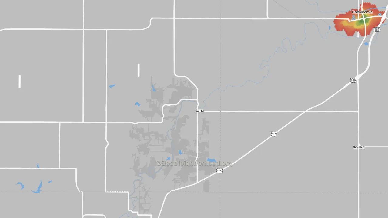 Walk Grade map of Lane, KS, walkable areas in green and car-dependent areas in red