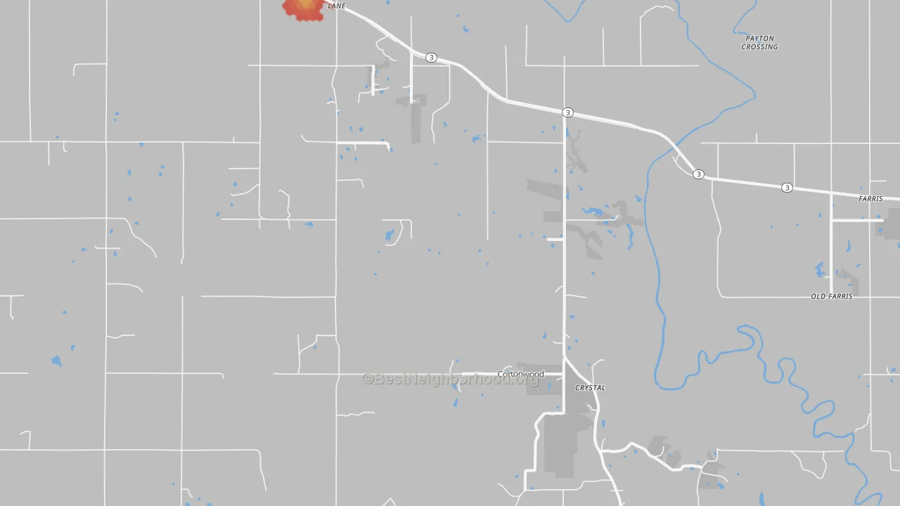 Walk Grade map of Lane, OK, walkable areas in green and car-dependent areas in red
