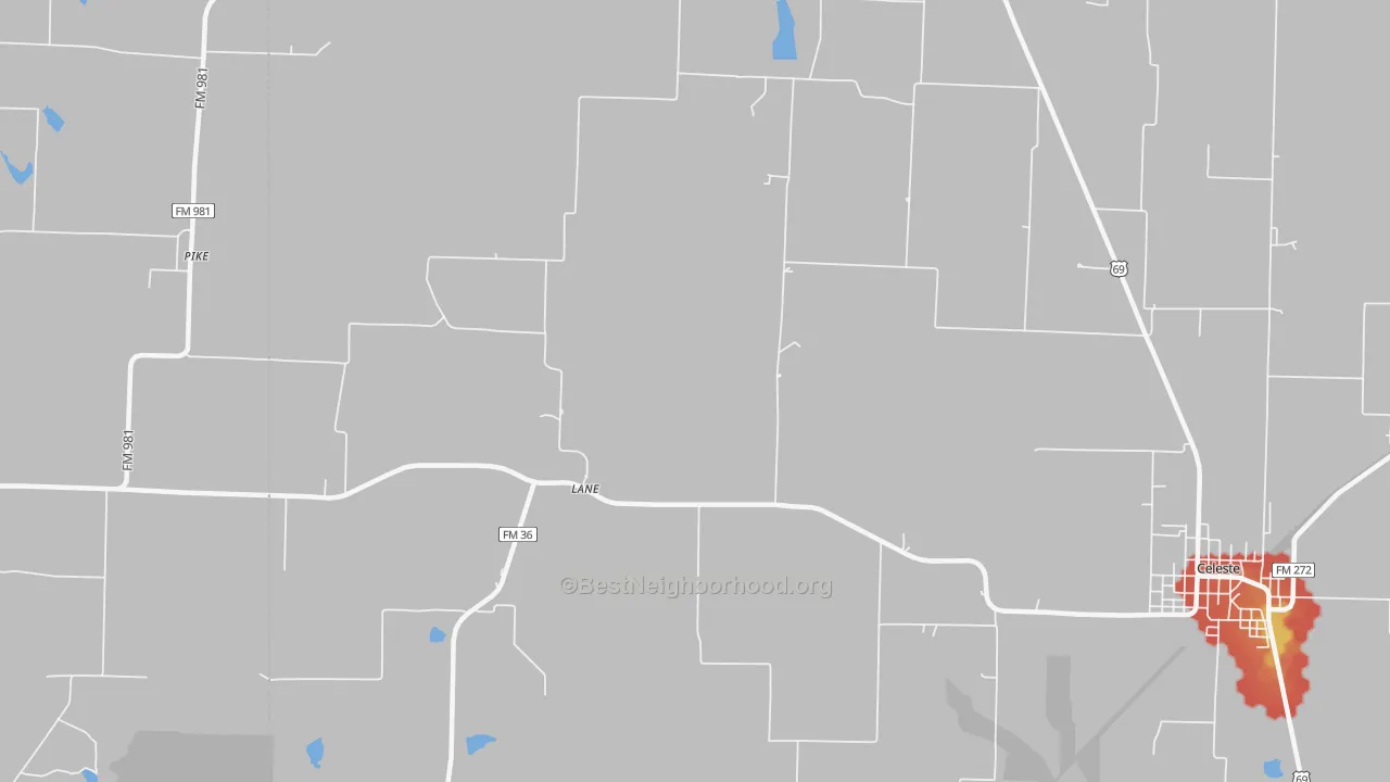 Walk Grade map of Lane, TX, walkable areas in green and car-dependent areas in red