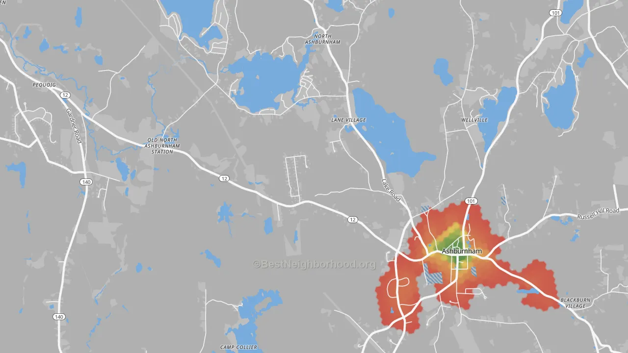 Walk Grade map of Lane Village, MA, walkable areas in green and car-dependent areas in red
