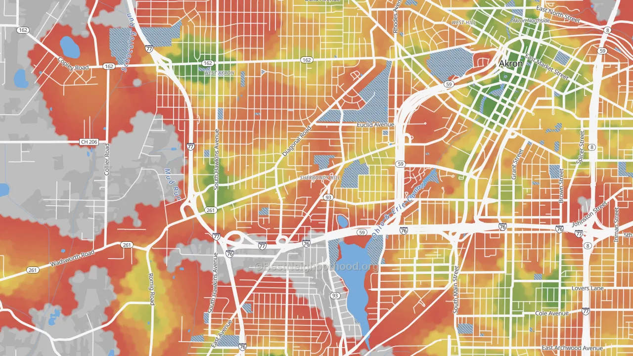 Walk Grade map of Lane-Wooster, Akron, OH, walkable areas in green and car-dependent areas in red