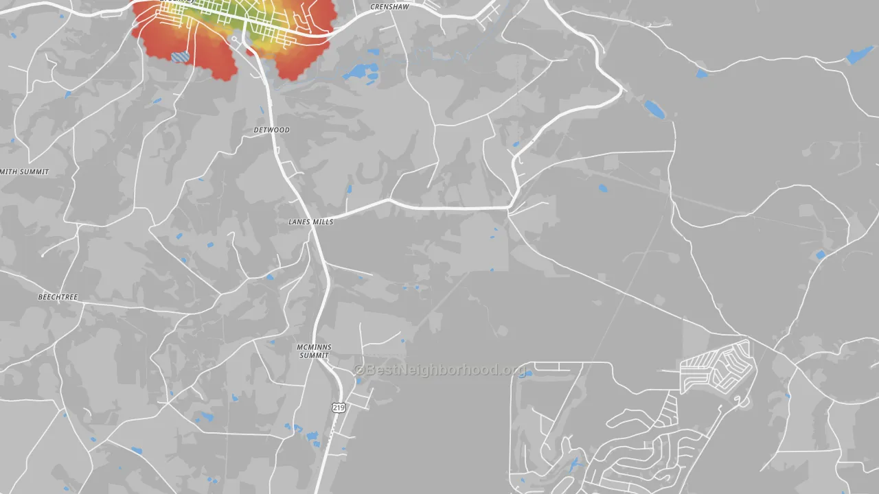 Walk Grade map of Lanes Mills, PA, walkable areas in green and car-dependent areas in red