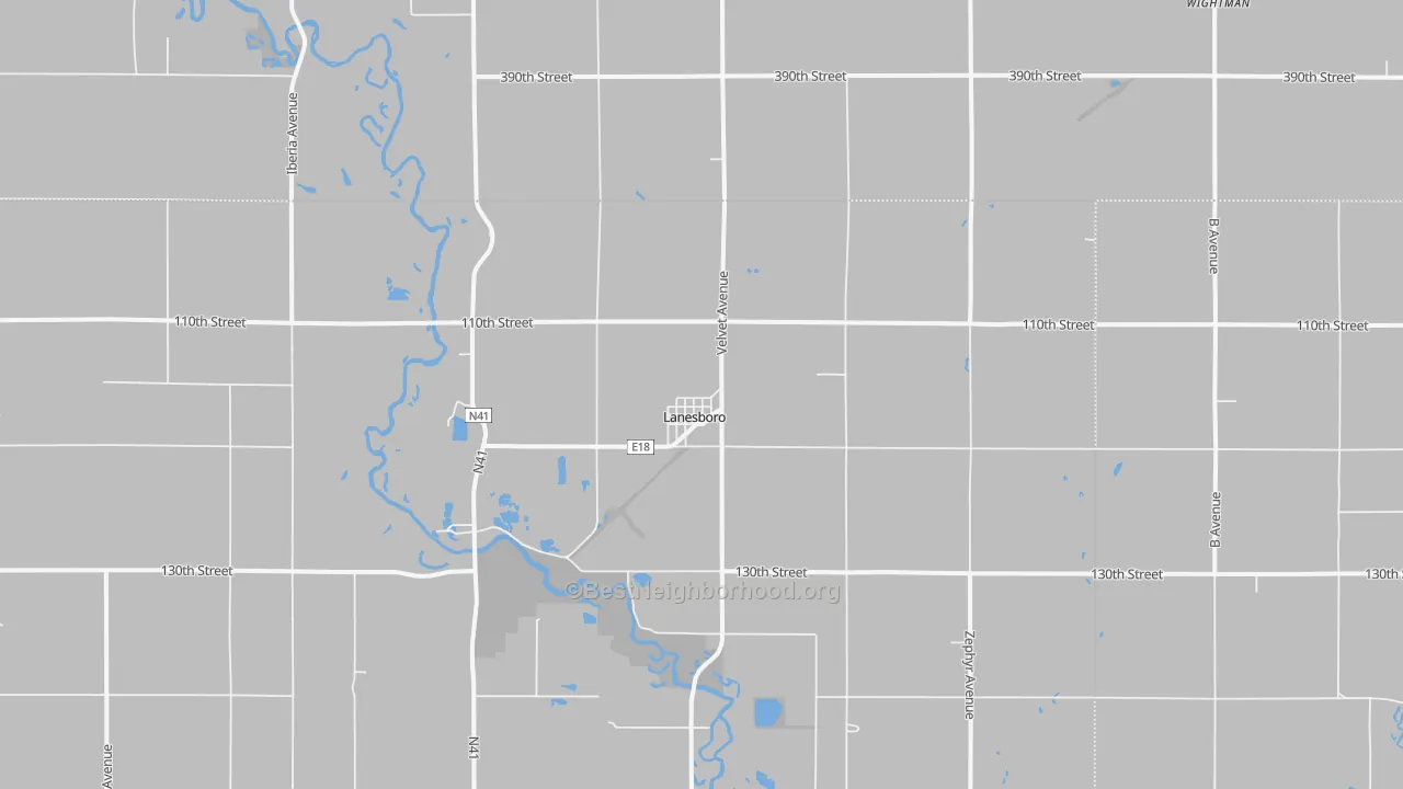 Walk Grade map of Lanesboro, IA, walkable areas in green and car-dependent areas in red