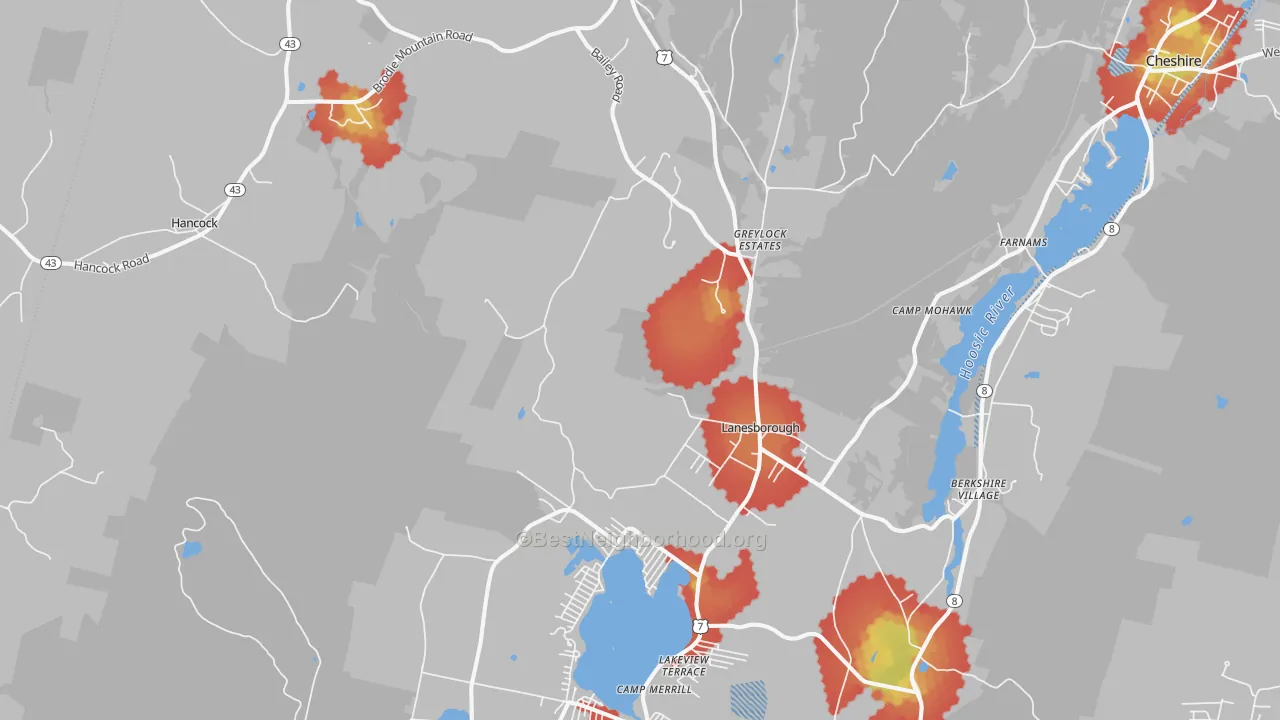 Walk Grade map of Lanesboro, MA, walkable areas in green and car-dependent areas in red