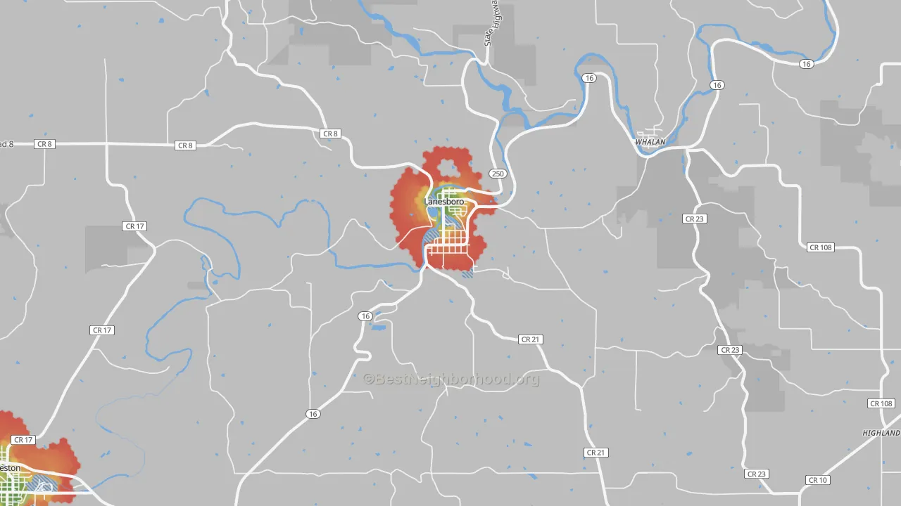 Walk Grade map of Lanesboro, MN, walkable areas in green and car-dependent areas in red