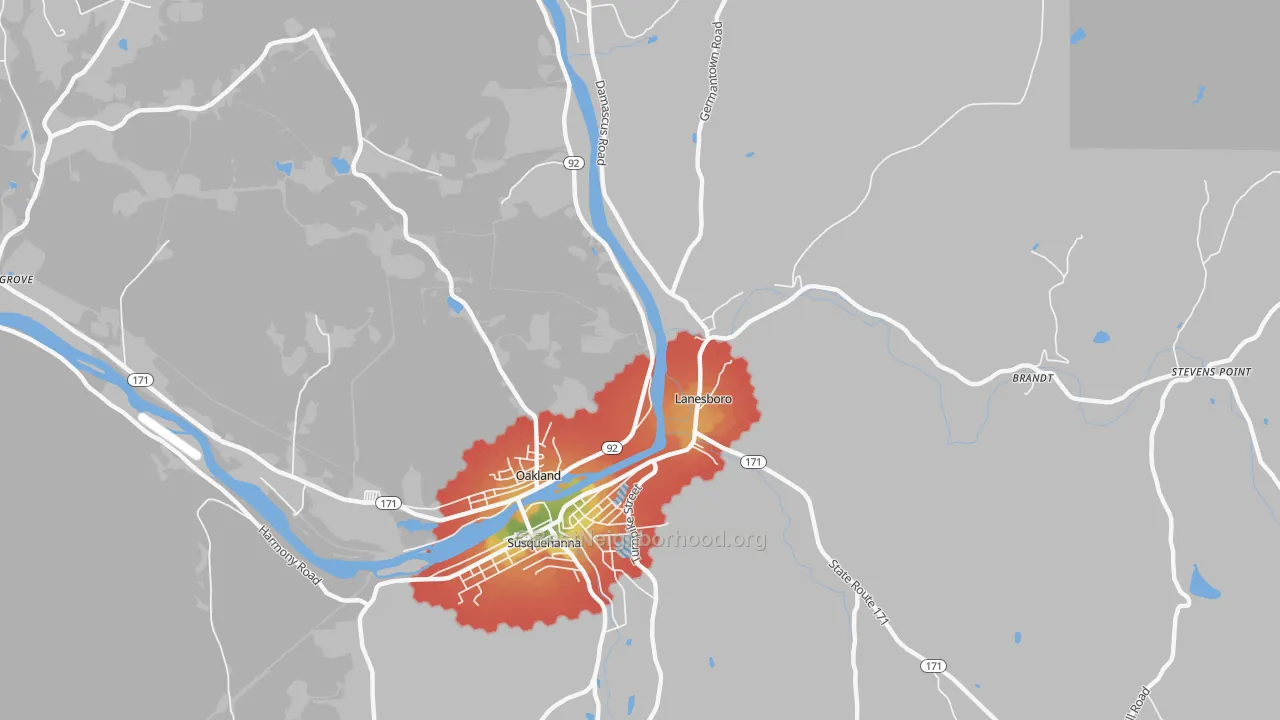 Walk Grade map of Lanesboro, PA, walkable areas in green and car-dependent areas in red