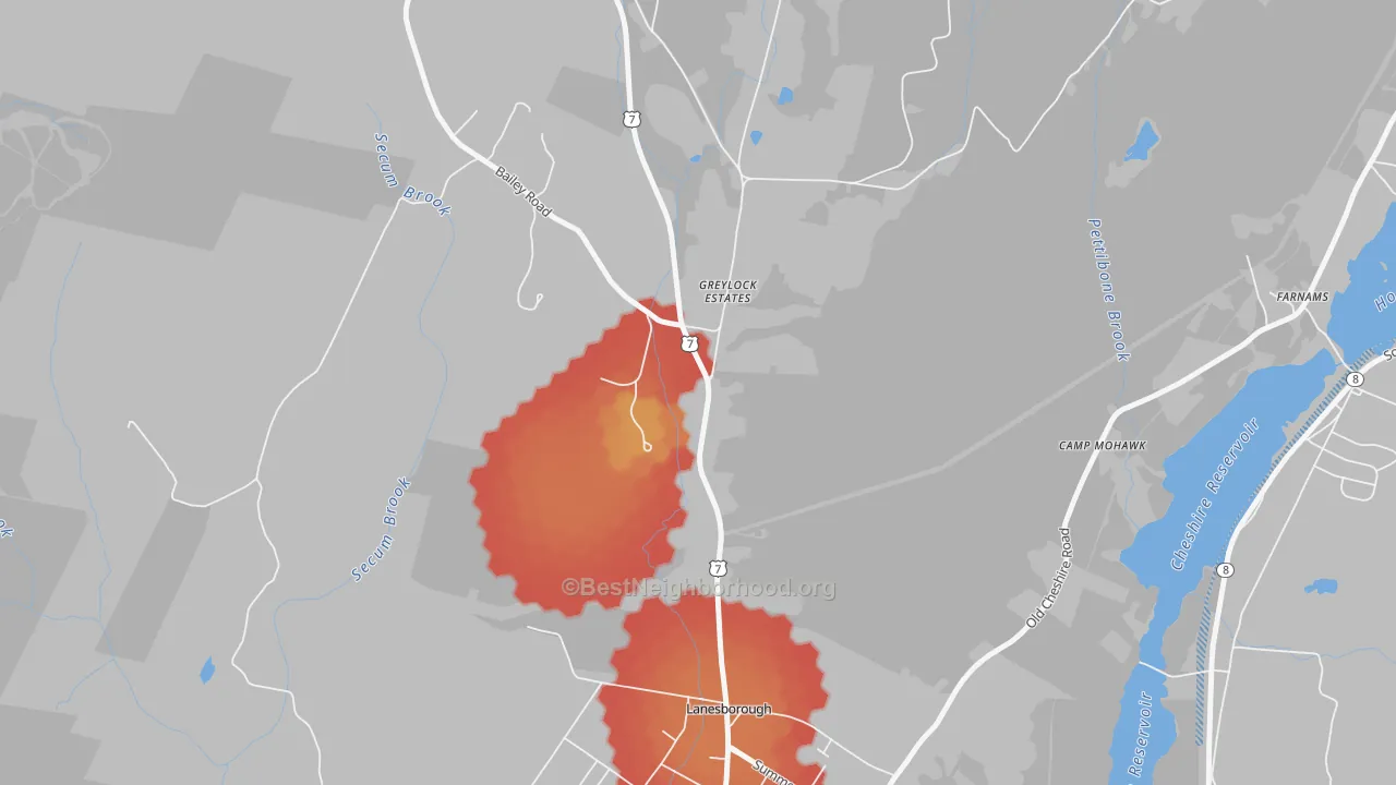 Walk Grade map of Lanesborough, MA, walkable areas in green and car-dependent areas in red