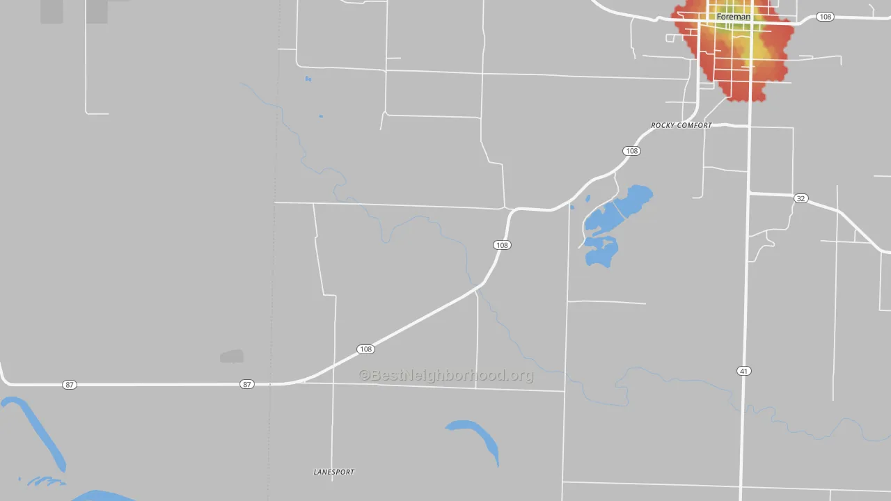 Walk Grade map of Lanesport, AR, walkable areas in green and car-dependent areas in red
