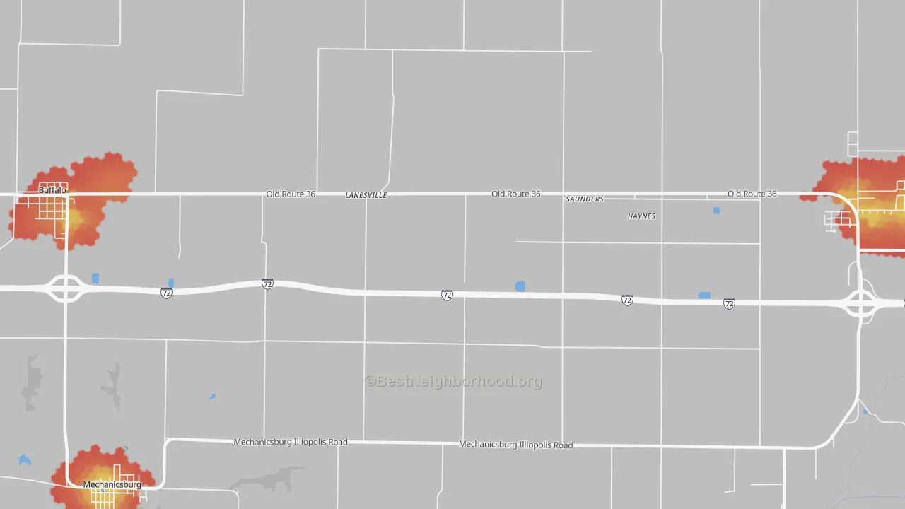 Walk Grade map of Lanesville, IL, walkable areas in green and car-dependent areas in red