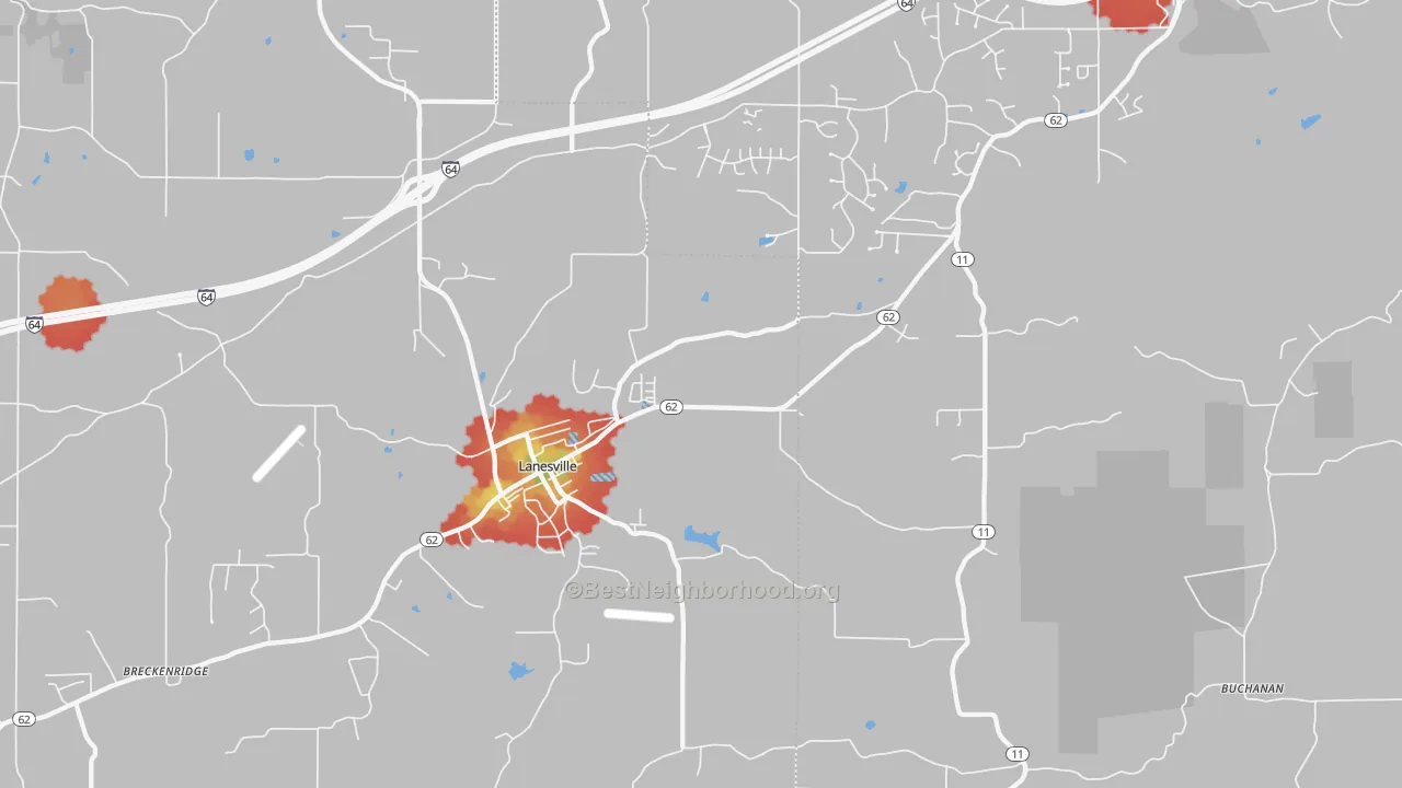 Walk Grade map of Lanesville, IN, walkable areas in green and car-dependent areas in red