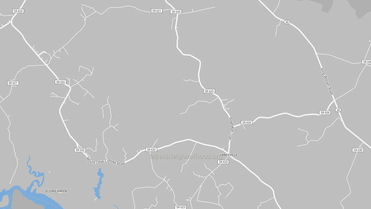 Walk Grade map of Lanesville, VA, walkable areas in green and car-dependent areas in red