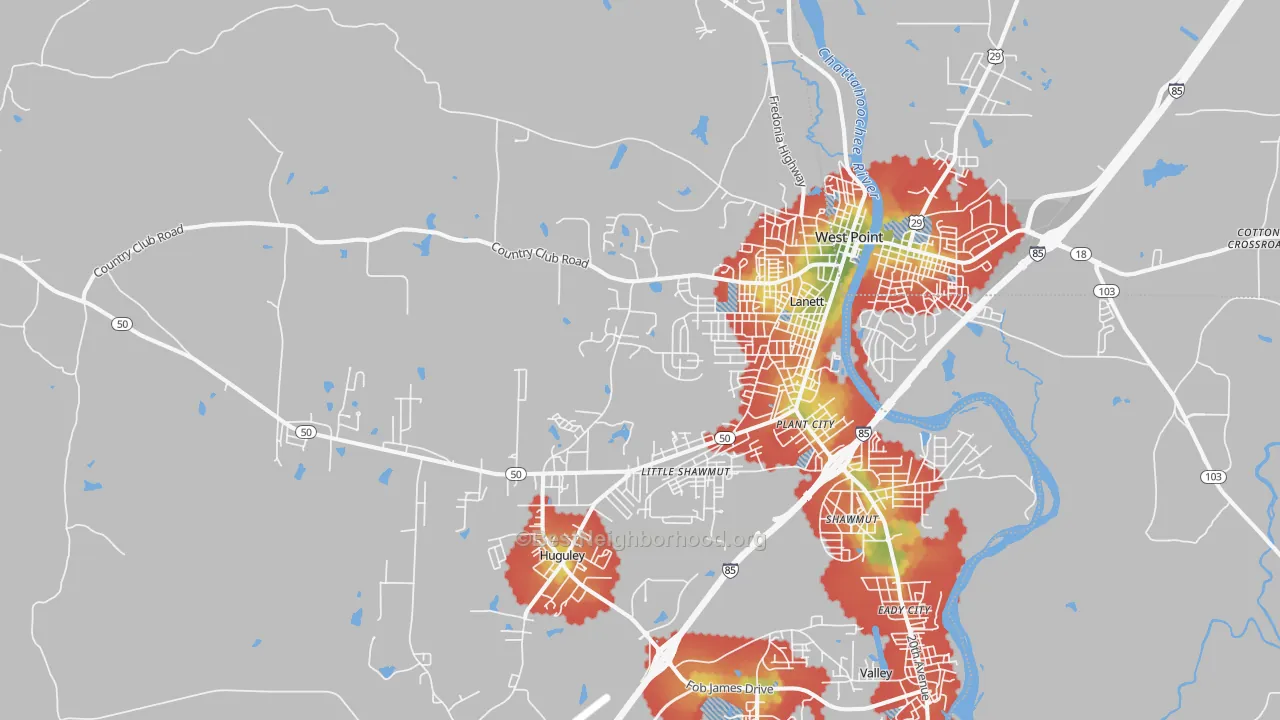 Walk Grade map of Lanett, AL, walkable areas in green and car-dependent areas in red