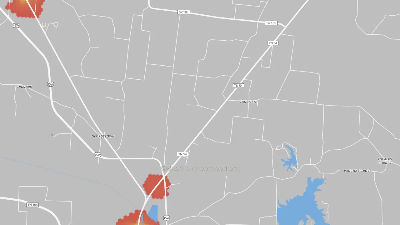 Walk Grade map of Laneview, TN, walkable areas in green and car-dependent areas in red