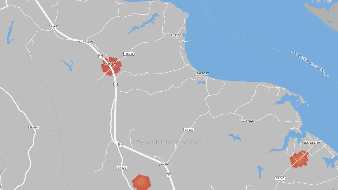 Walk Grade map of Laneview, VA, walkable areas in green and car-dependent areas in red