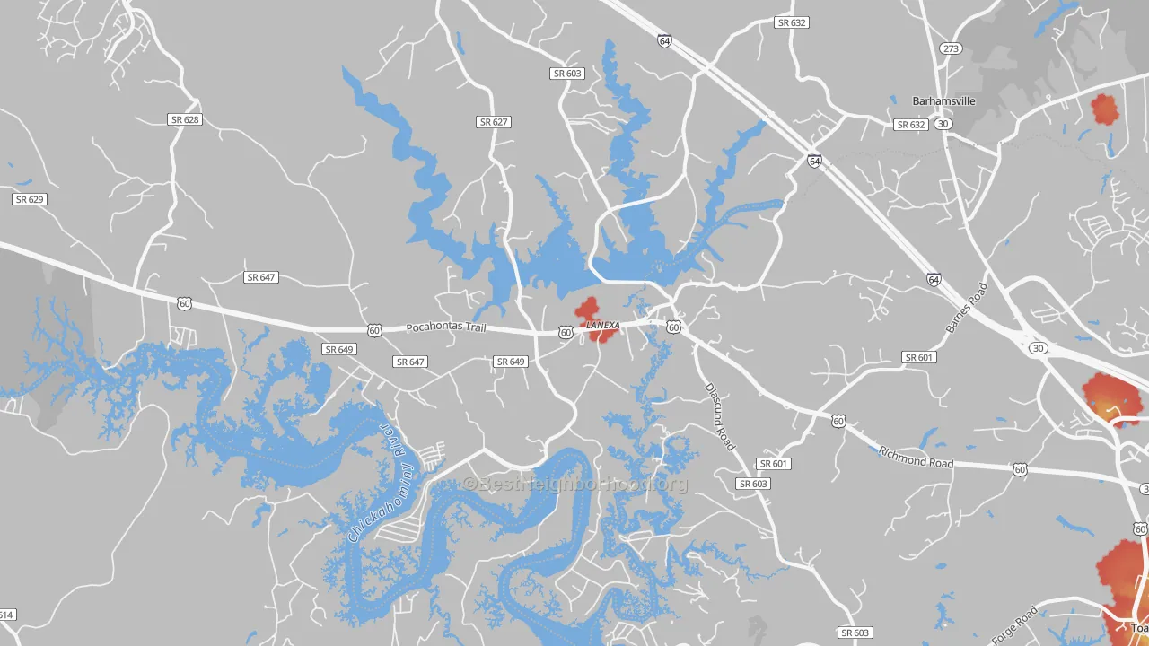 Walk Grade map of Lanexa, VA, walkable areas in green and car-dependent areas in red