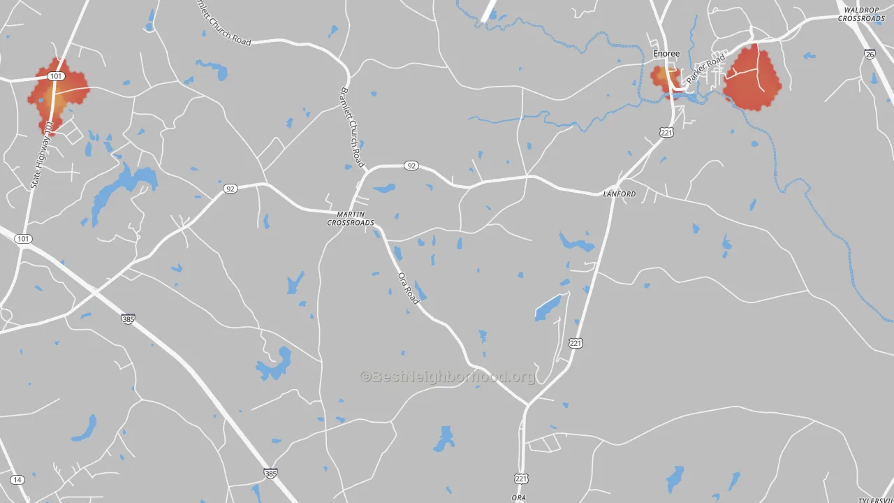 Walk Grade map of Lanford, SC, walkable areas in green and car-dependent areas in red