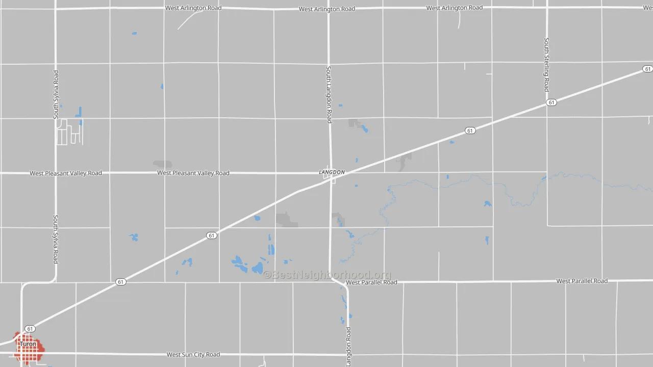 Walk Grade map of Langdon, KS, walkable areas in green and car-dependent areas in red