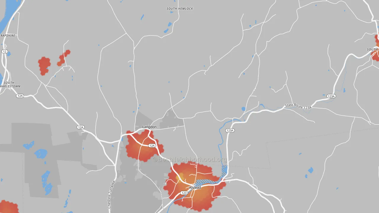 Walk Grade map of Langdon, NH, walkable areas in green and car-dependent areas in red