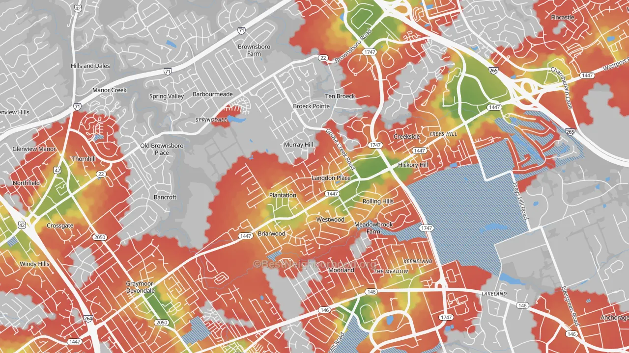 Walk Grade map of Langdon Place, KY, walkable areas in green and car-dependent areas in red