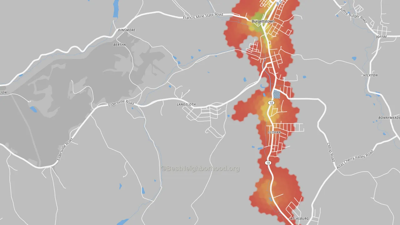 Walk Grade map of Langeloth, PA, walkable areas in green and car-dependent areas in red