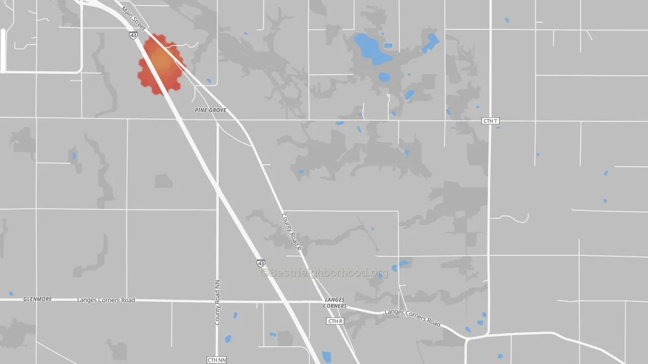 Walk Grade map of Langes Corners, WI, walkable areas in green and car-dependent areas in red