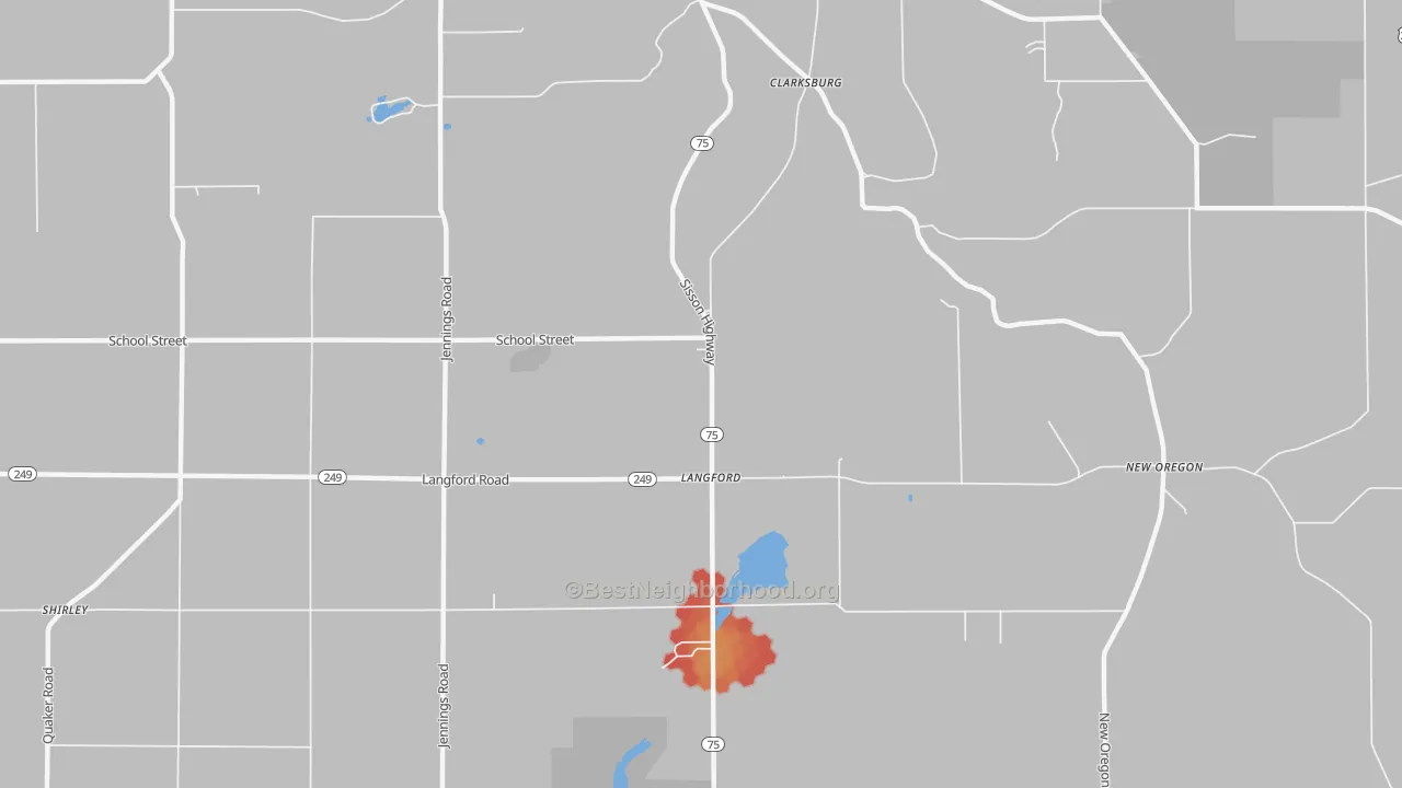 Walk Grade map of Langford, NY, walkable areas in green and car-dependent areas in red