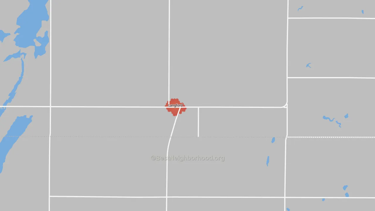 Walk Grade map of Langford, SD, walkable areas in green and car-dependent areas in red