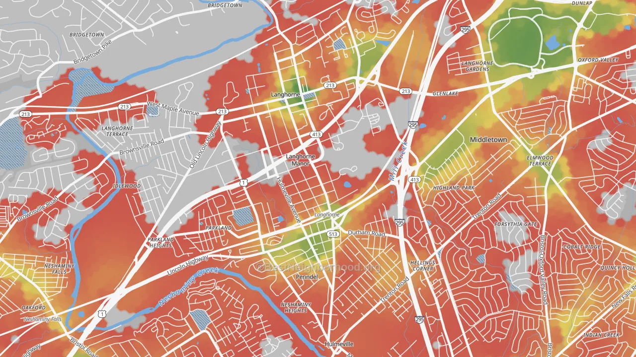 Walk Grade map of Langhorne Manor, PA, walkable areas in green and car-dependent areas in red