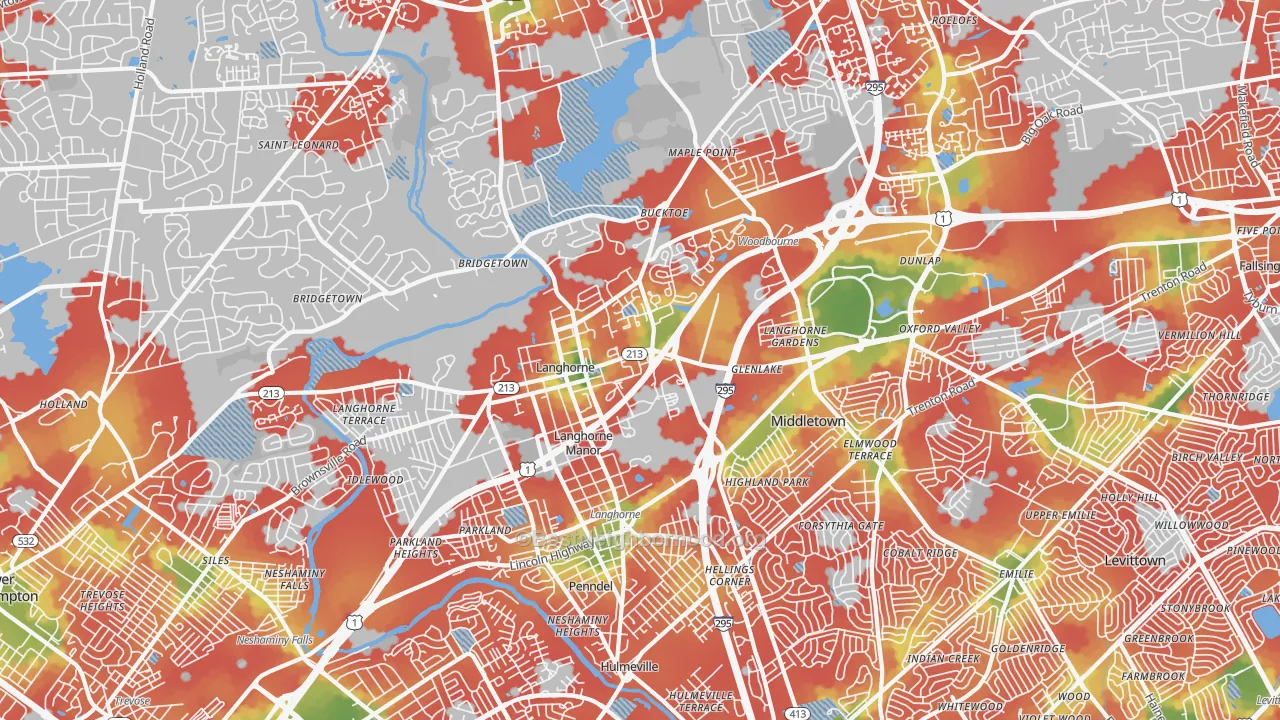 Walk Grade map of Langhorne, PA, walkable areas in green and car-dependent areas in red