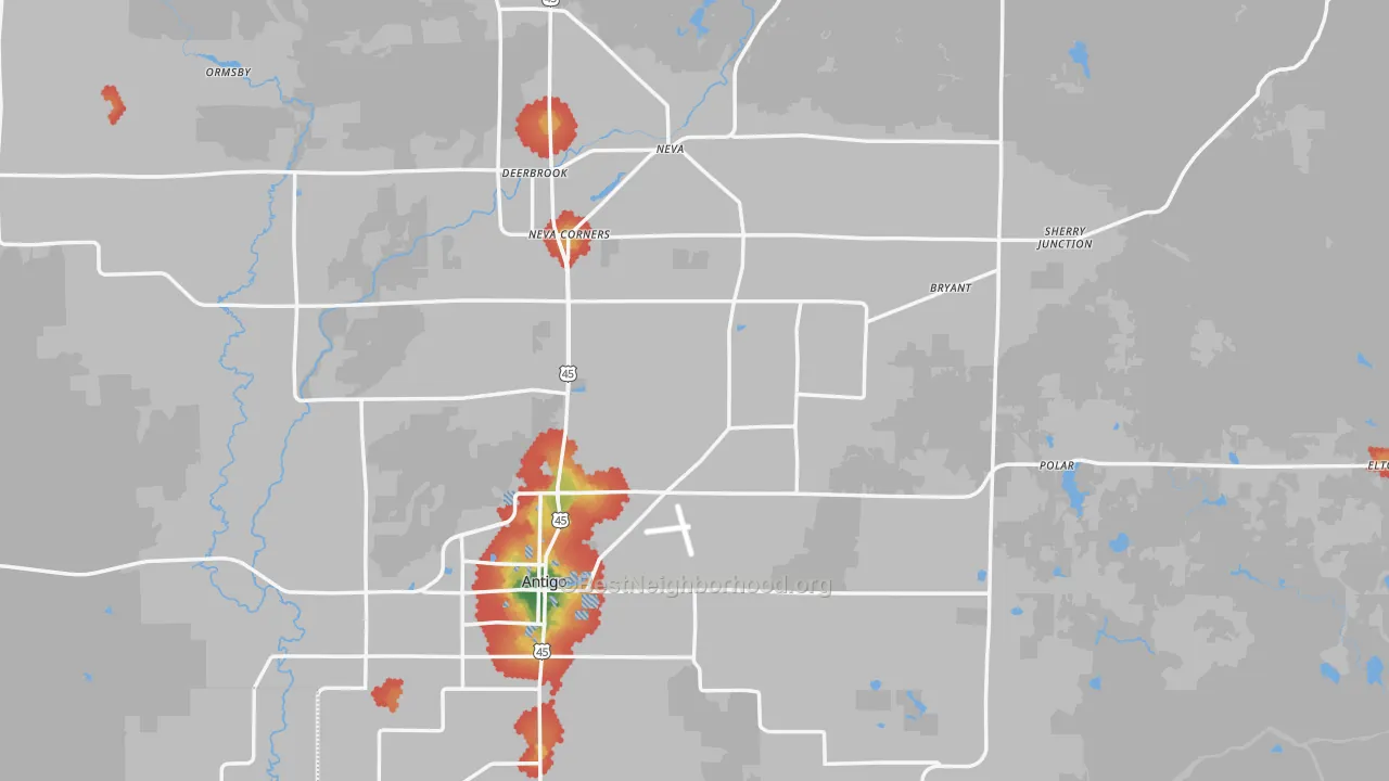 Walk Grade map of Langlade County, WI, walkable areas in green and car-dependent areas in red