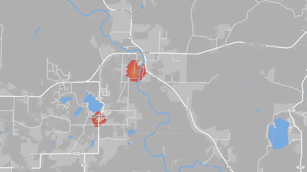 Walk Grade map of Langlade, WI, walkable areas in green and car-dependent areas in red