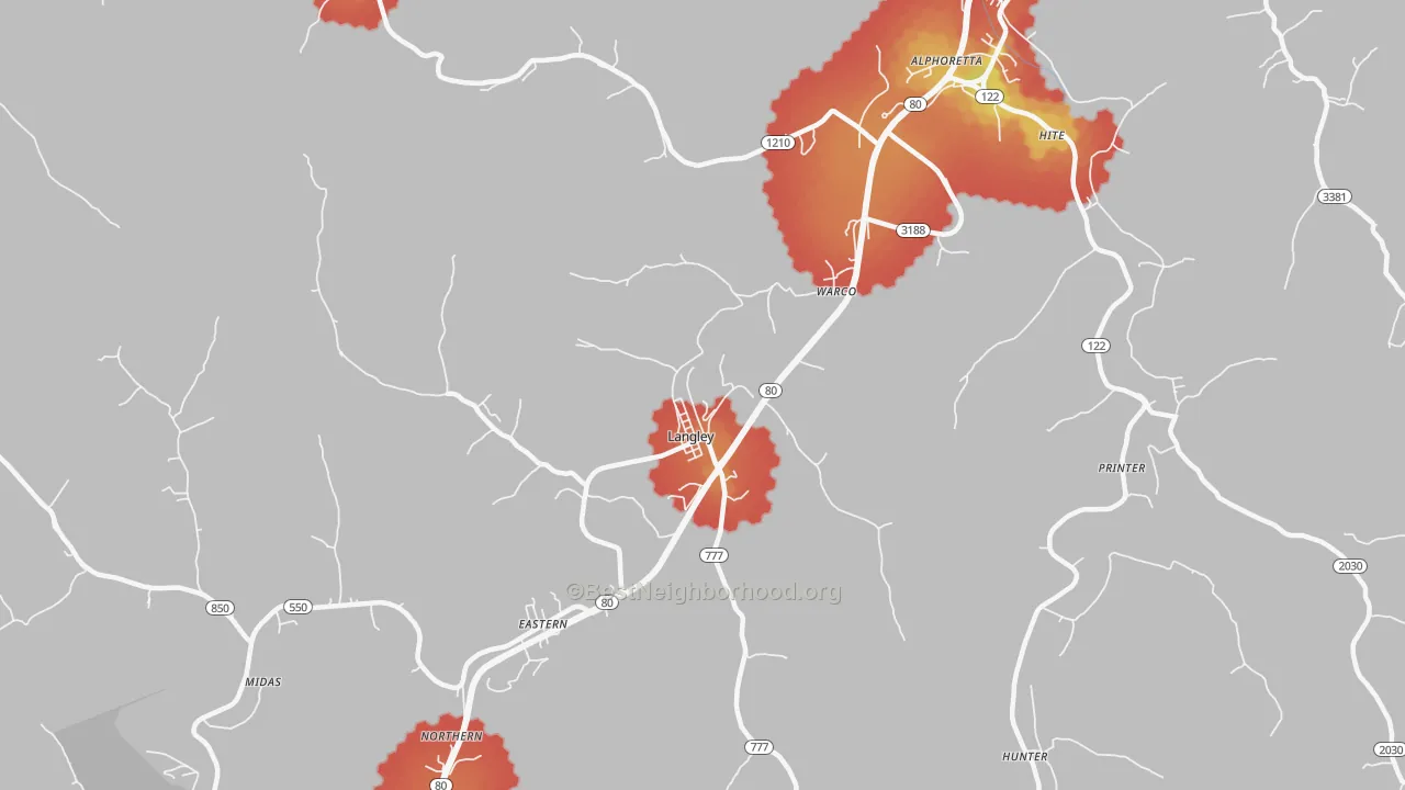 Walk Grade map of Langley, KY, walkable areas in green and car-dependent areas in red