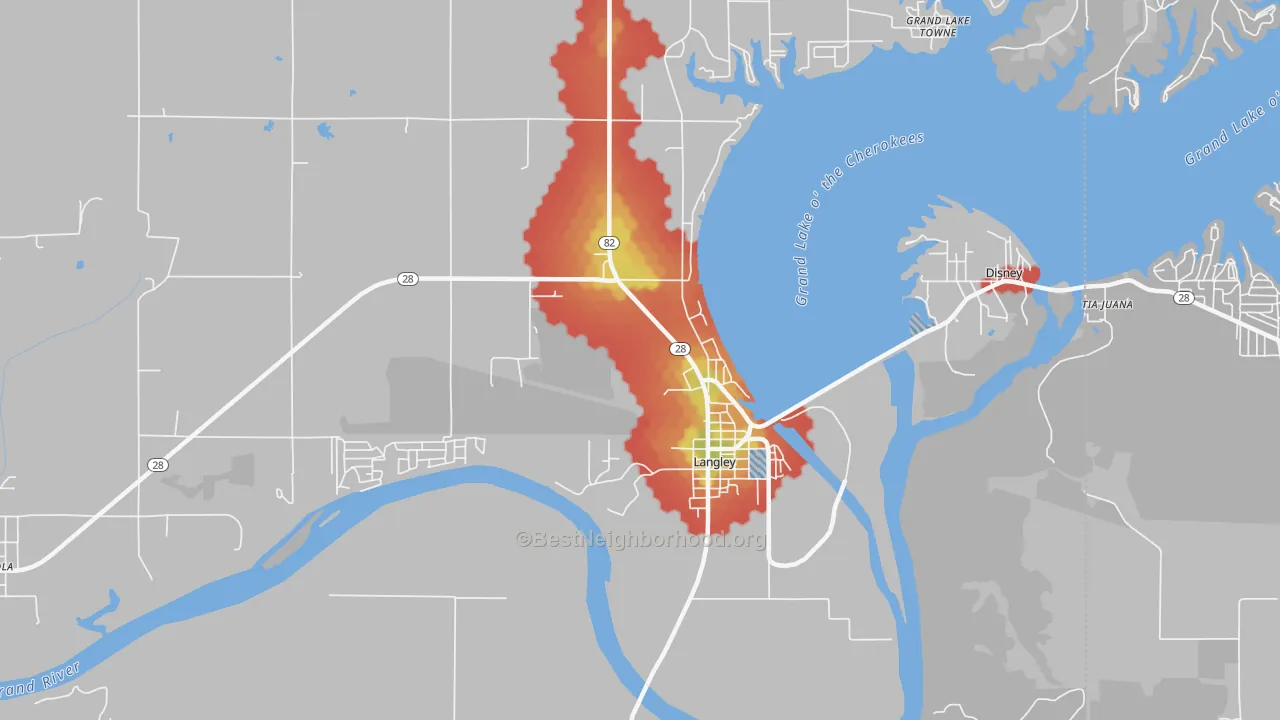 Walk Grade map of Langley, OK, walkable areas in green and car-dependent areas in red