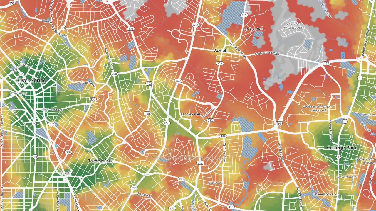 Walk Grade map of Langley Park, Hyattsville, MD, walkable areas in green and car-dependent areas in red
