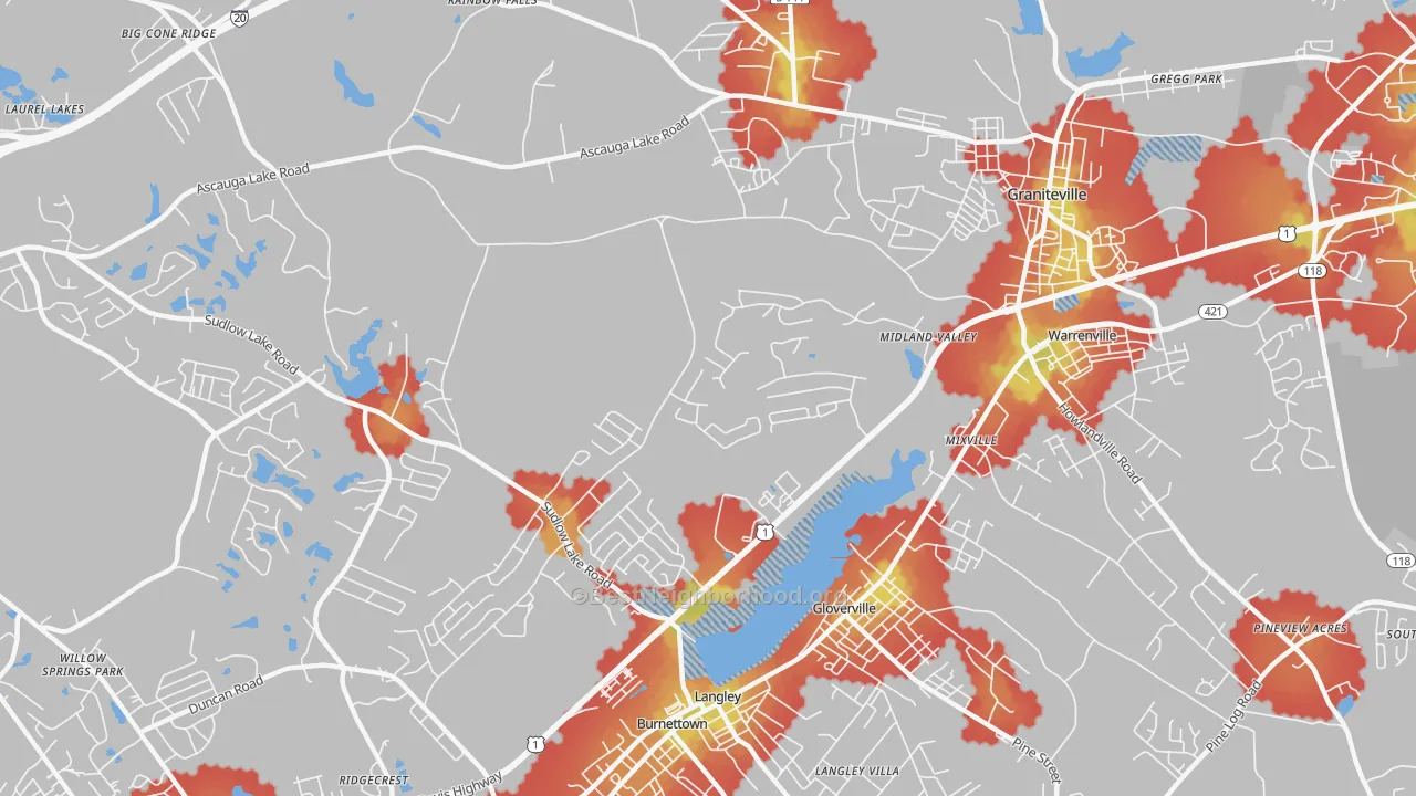 Walk Grade map of Langley, SC, walkable areas in green and car-dependent areas in red