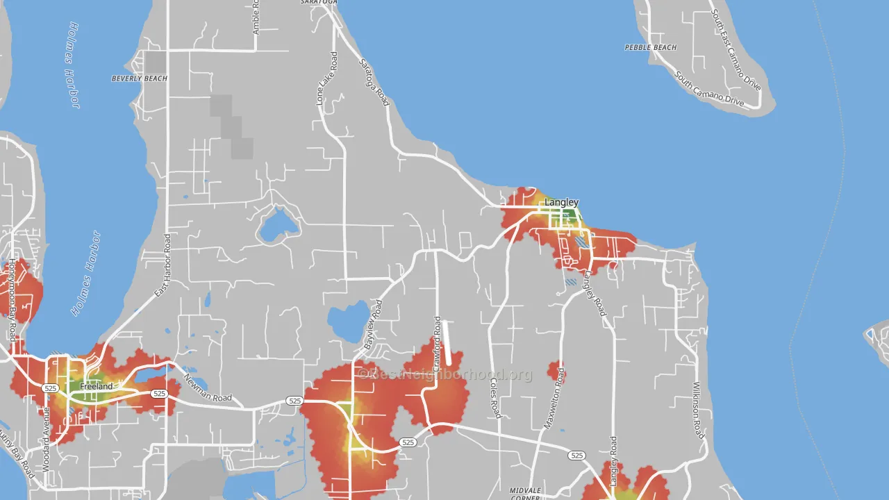 Walk Grade map of Langley, WA, walkable areas in green and car-dependent areas in red