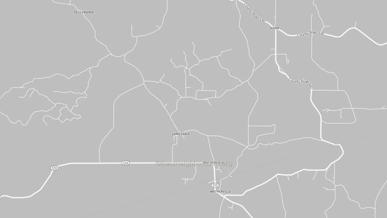 Walk Grade map of Langsdale, MS, walkable areas in green and car-dependent areas in red