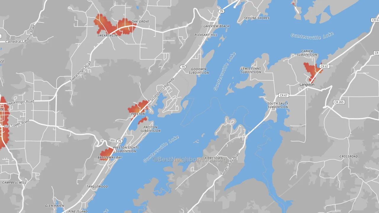Walk Grade map of Langston, AL, walkable areas in green and car-dependent areas in red