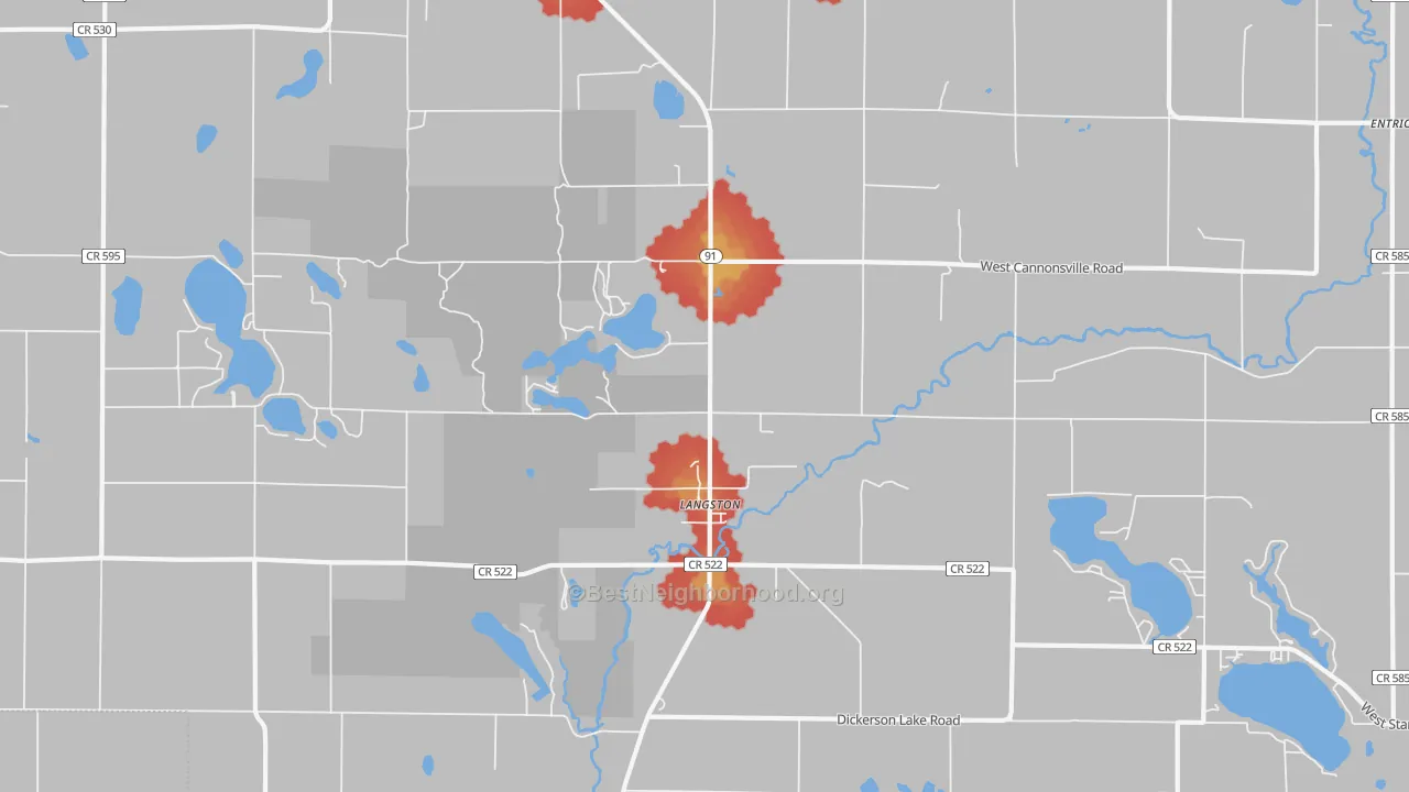 Walk Grade map of Langston, MI, walkable areas in green and car-dependent areas in red