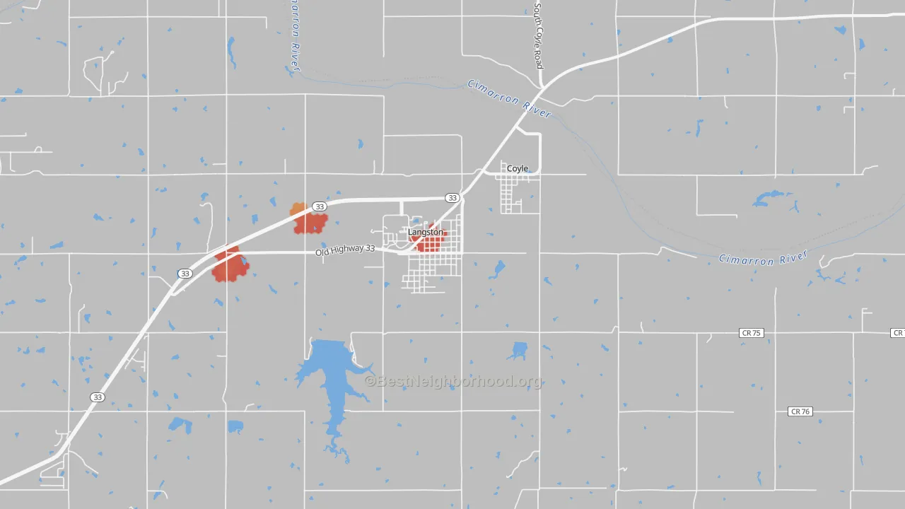 Walk Grade map of Langston, OK, walkable areas in green and car-dependent areas in red