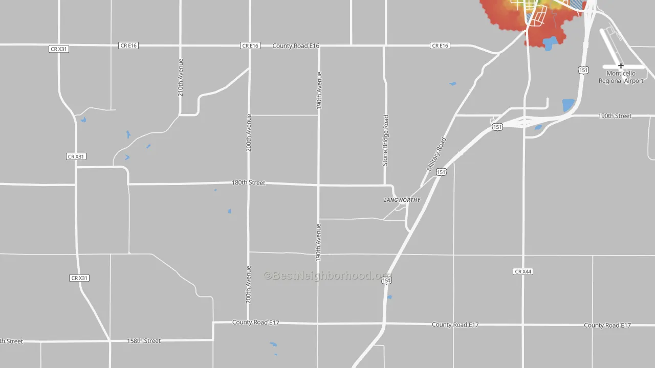 Walk Grade map of Langworthy, IA, walkable areas in green and car-dependent areas in red
