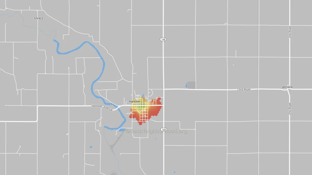 Walk Grade map of Lanham, KS, walkable areas in green and car-dependent areas in red