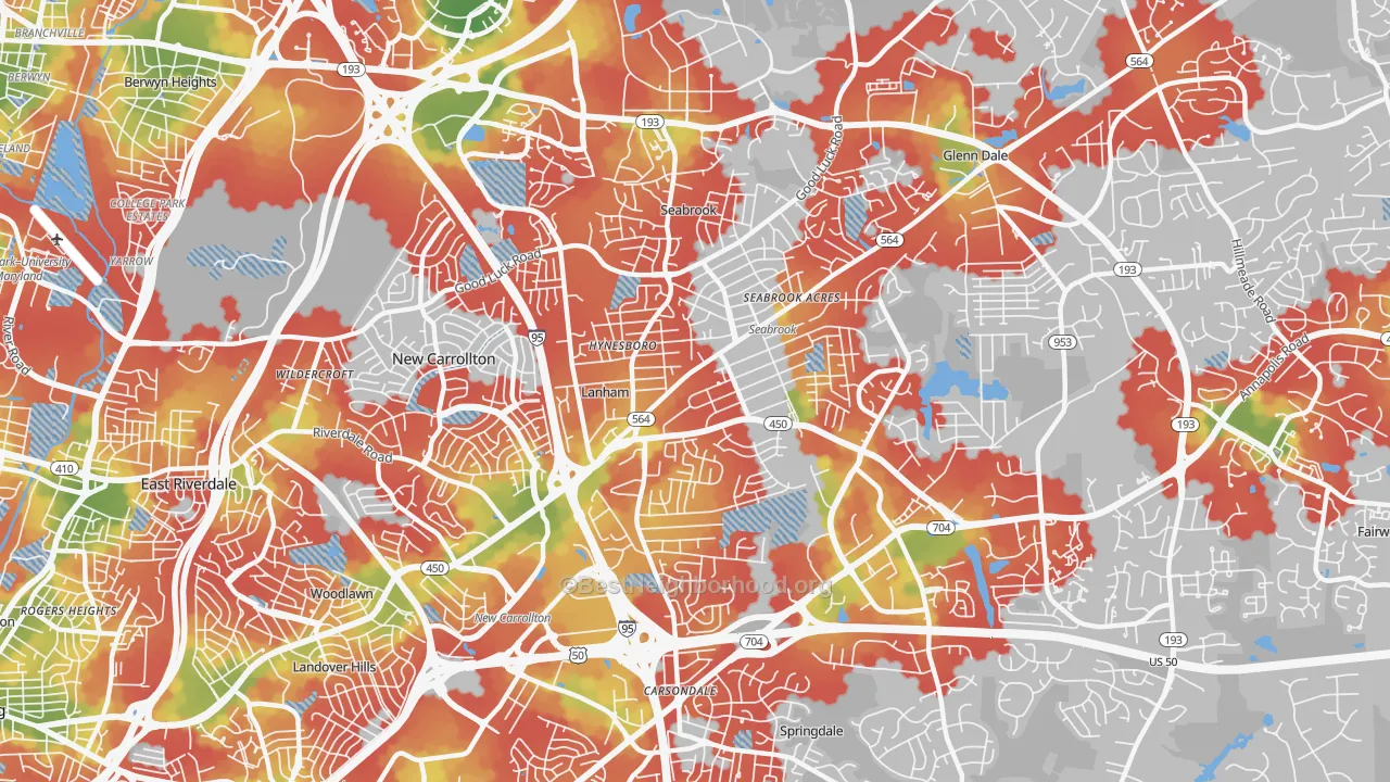 Walk Grade map of Lanham-Seabrook, Lanham, MD, walkable areas in green and car-dependent areas in red