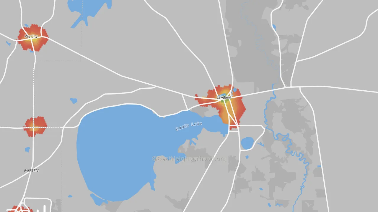 Walk Grade map of Lanier County, GA, walkable areas in green and car-dependent areas in red