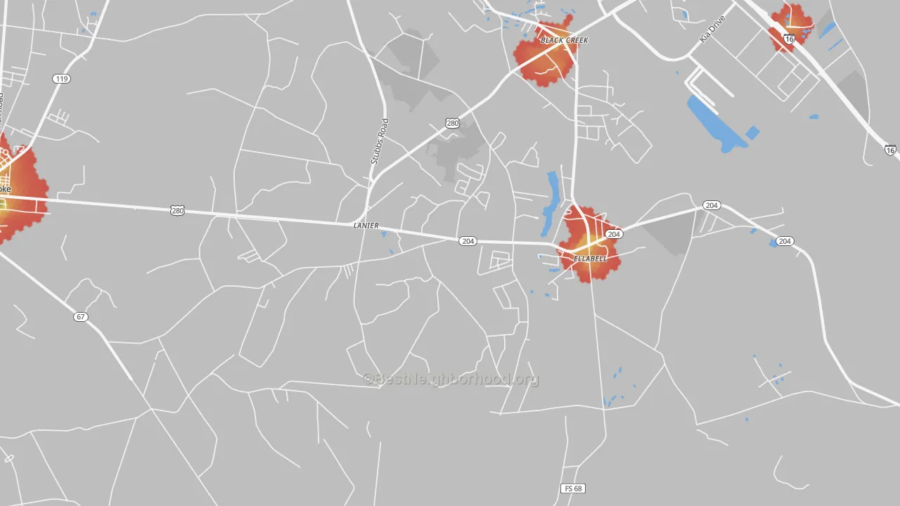 Walk Grade map of Lanier, GA, walkable areas in green and car-dependent areas in red