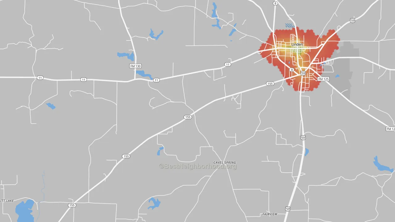 Walk Grade map of Lanier, TX, walkable areas in green and car-dependent areas in red
