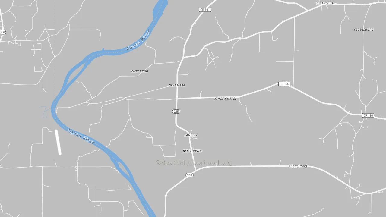 Walk Grade map of Laniers, AL, walkable areas in green and car-dependent areas in red