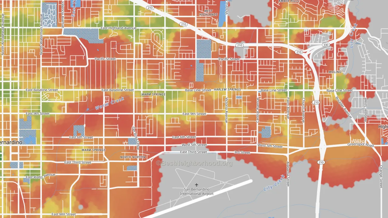Walk Grade map of Lankershim, Highland, CA, walkable areas in green and car-dependent areas in red