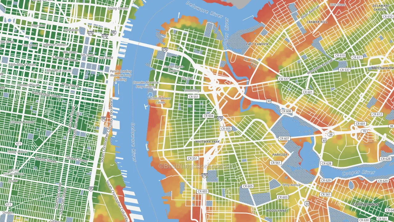 Walk Grade map of Lanning Square, Camden, NJ, walkable areas in green and car-dependent areas in red