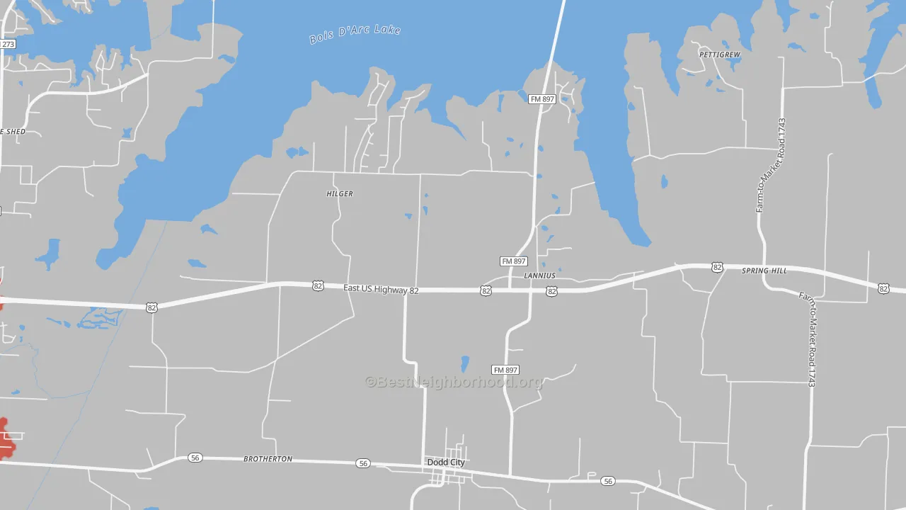 Walk Grade map of Lannius, TX, walkable areas in green and car-dependent areas in red